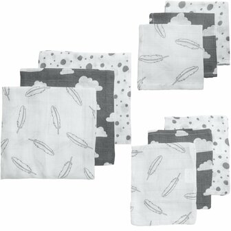 Meyco Hydrofiel Starterset 9-delig Feathers/Clouds/Dots - Grijs